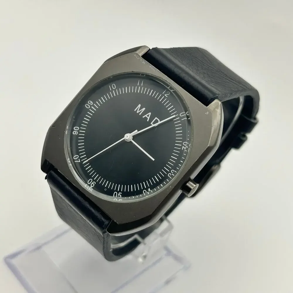 MAD Black Dial and Leather Metallic Gray Case Watch Working New Battery